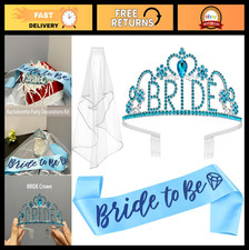3 Pcs Bachelorette Party Decorations - Bride Crown, Sash  Veil Set, Light Blue