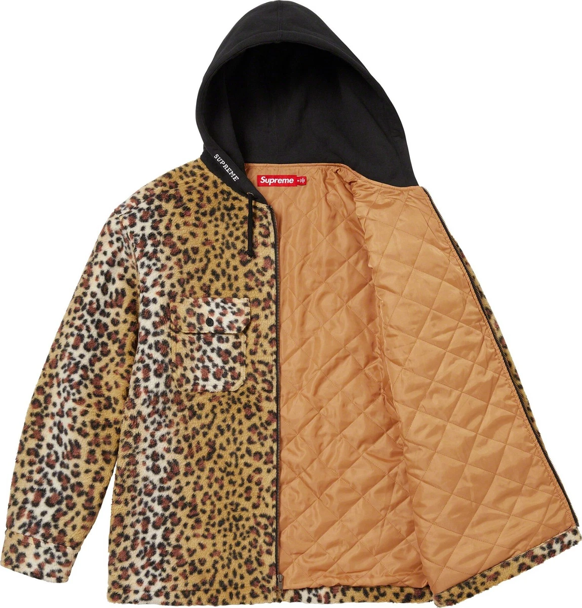 Supreme Fleece Zip Up Hooded Shirt Jacket Brown Leopard