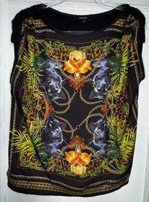 Morgan Black Panther Orchid Print Sleeveless Shirt Scarf Top Size Large Luxury