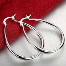 Womens Sterling Silver Medium Size 4.1x3.3cm Oval Shaped Hoop Earrings #EA61