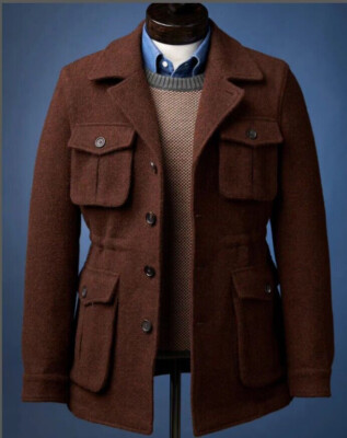 Men Safari Jacket Wool 4 Pockets British Style Warm Casual Outdoor