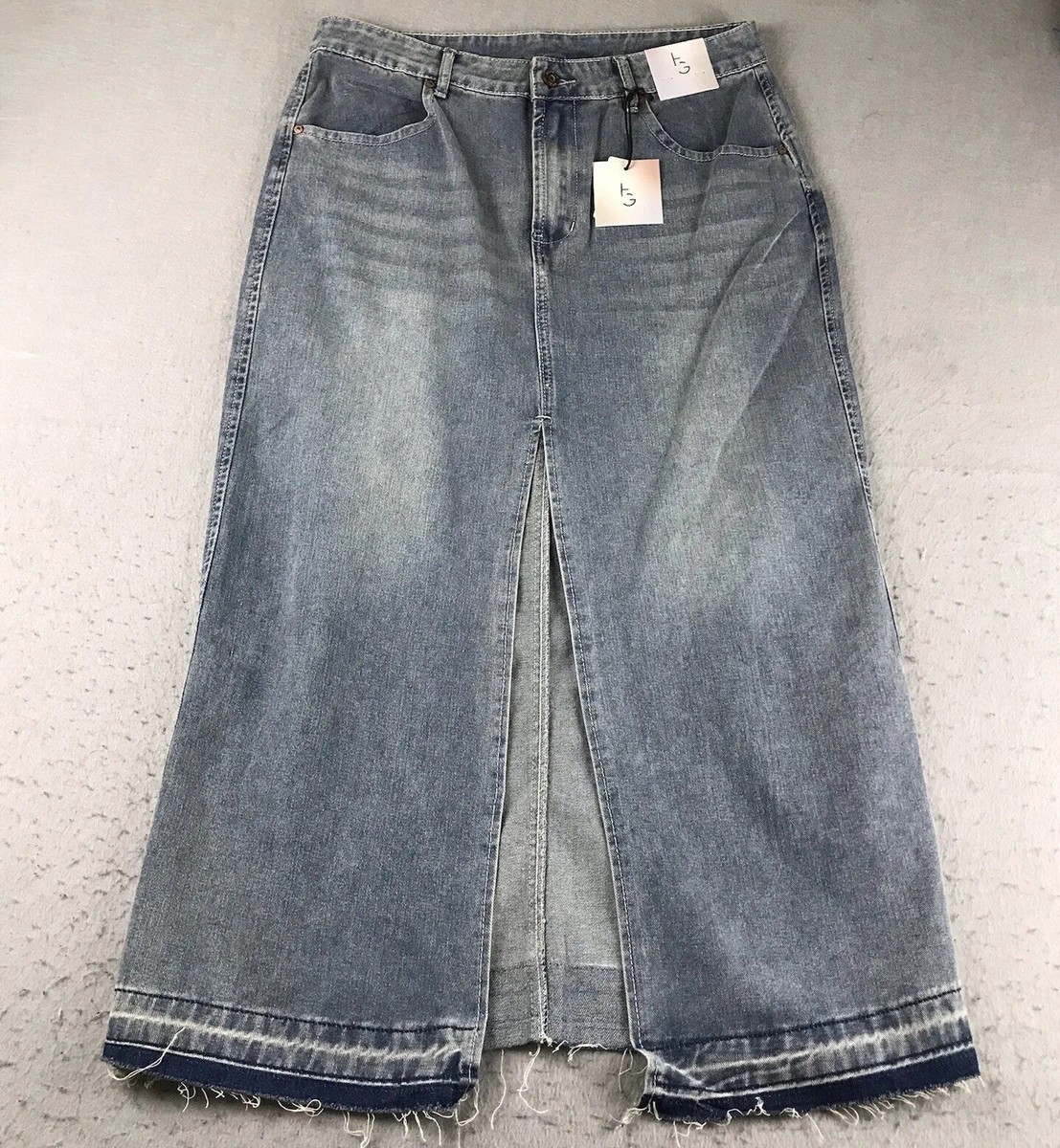 Happily Grey Skirt Women 13 Blue Denim Long Front Slit Midi