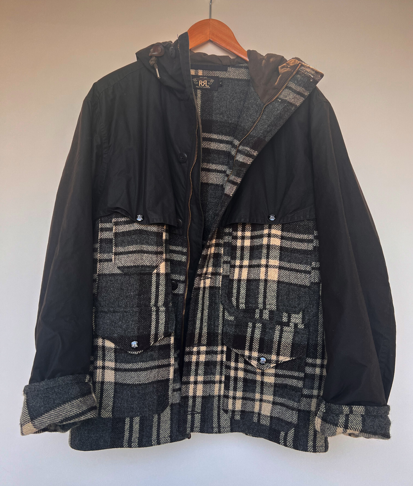 RRL Wool Grey Brown Black Check Coat with Hoodie RARE STYLE size M