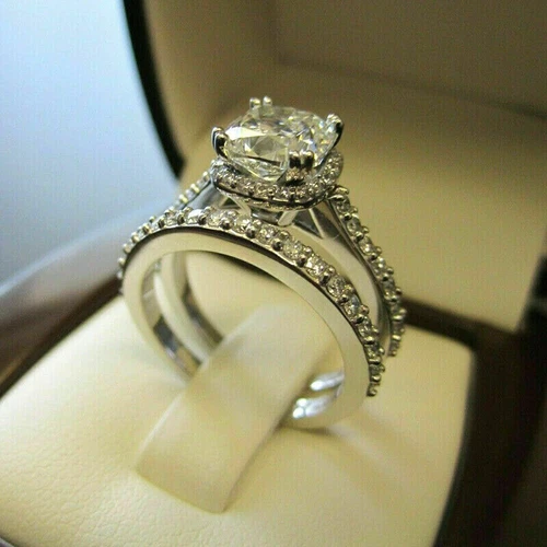 2.76 TCW Cushion Cut Moissanite Bridal Engagement Ring In 14k White Gold Plated
