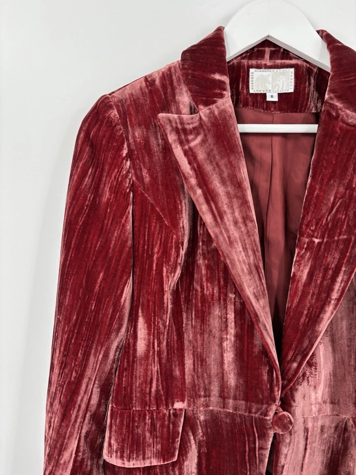 Blazer Alberto Makali Vintage Mujer 6 Borgoña Rojo Terciopelo Mezcla Seda Cuello Foto 2 de 4