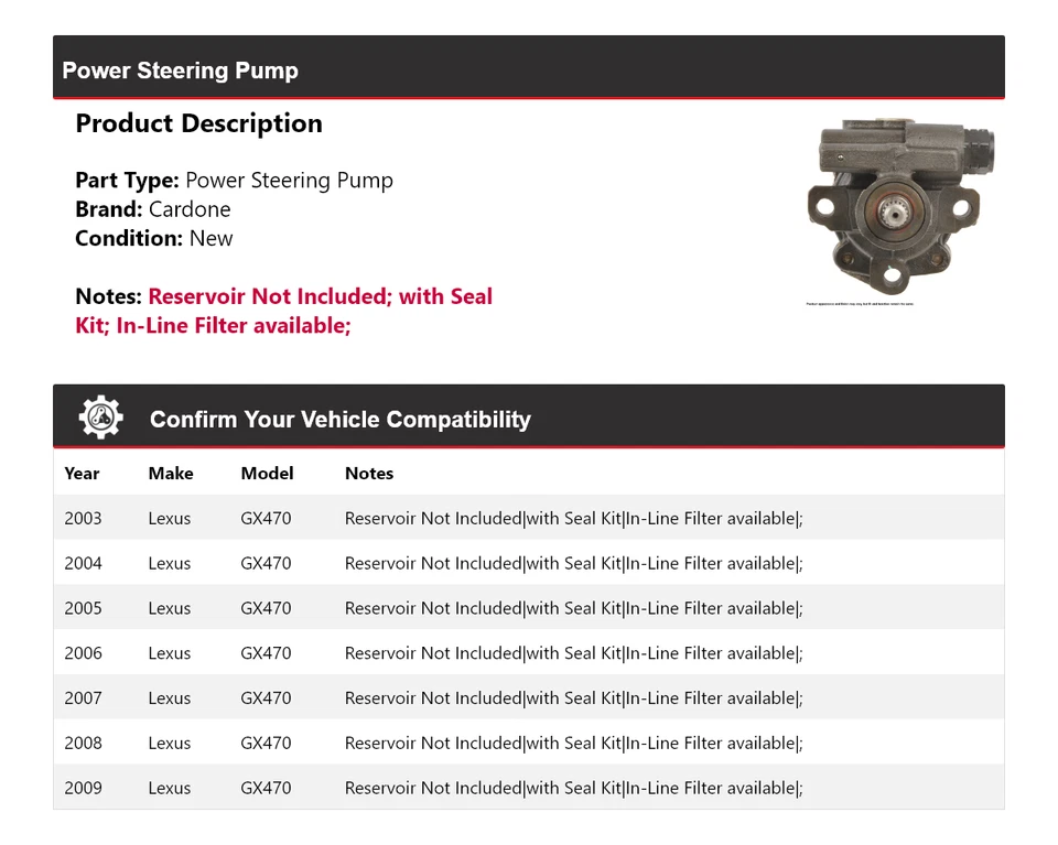 Bomba de dirección asistida Cardone para Lexus GX470 2003-2009 2004 2005 2006 2007 2008 Foto 2 de 4