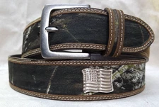 MOSSY OAK CAMO LEATHER  & CANVAS BELT  - WITH "AMERICAN FLAG " CONCHOS  30"