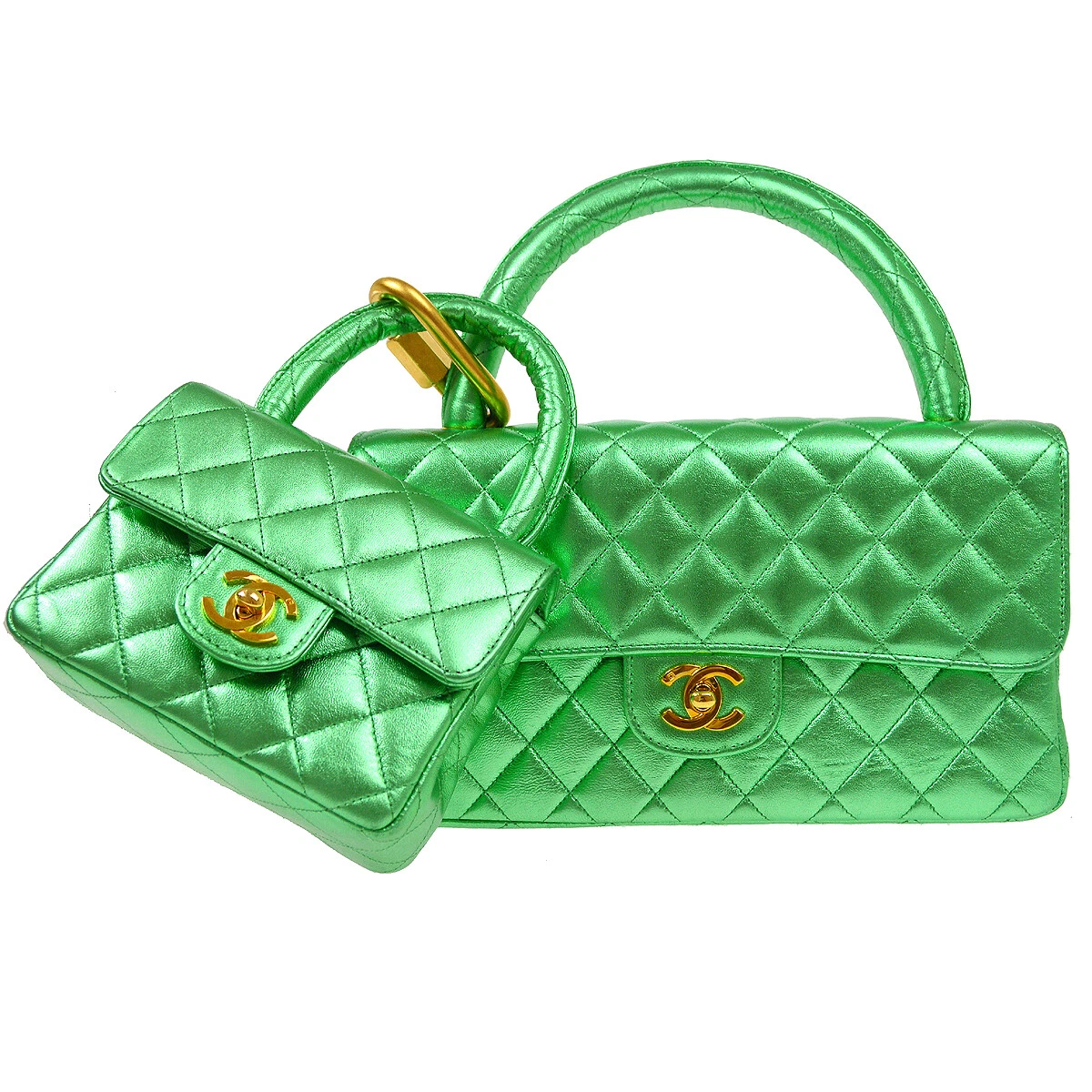 CHANEL Classic Single Flap 2 in 1 Handbag Lambskin Metallic Green