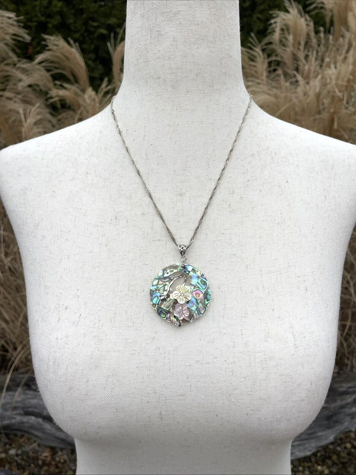 Collar Lee Sands Abulón Madreperla Floral Plata Colgante 19" Collar Foto 2 de 4