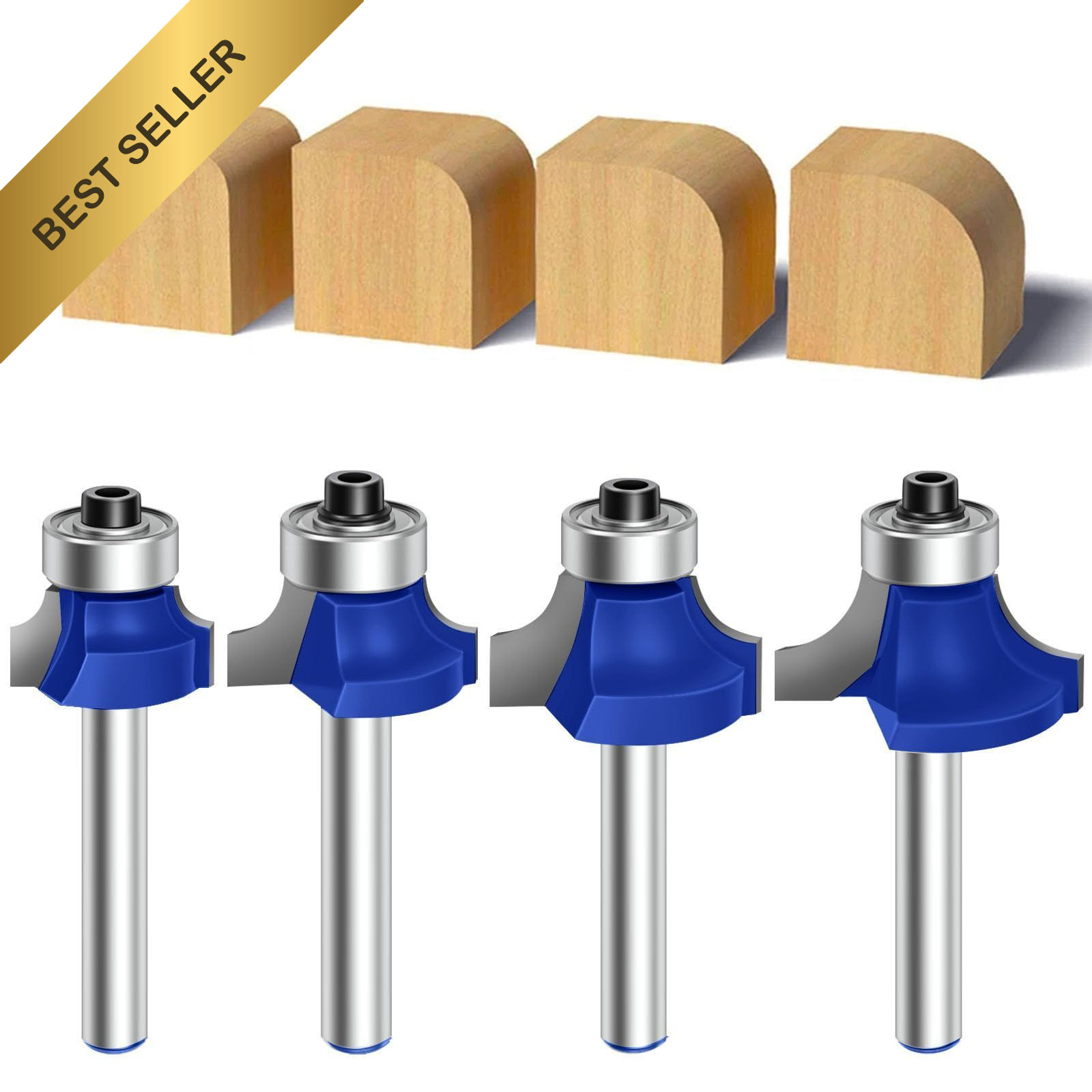 Feanron 4 Pcs Blue Round Over Router Bit Set 1/4 Shank Woodworking Edging Tool