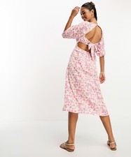 LOLA MAY Tie Back Puff Sleeve Midi Smock Dress Pink Floral ASOS NWT UK 10/ US 6