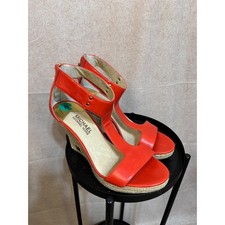 Michael Kors Damita Orange Red Leather Espadrille Wedge Sandals Gold Hardware 8