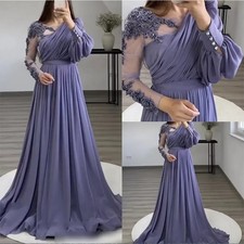 Lavender Chiffon Prom Dresses Puffy Long Sleeve Beaded Lace Formal Evening Gowns