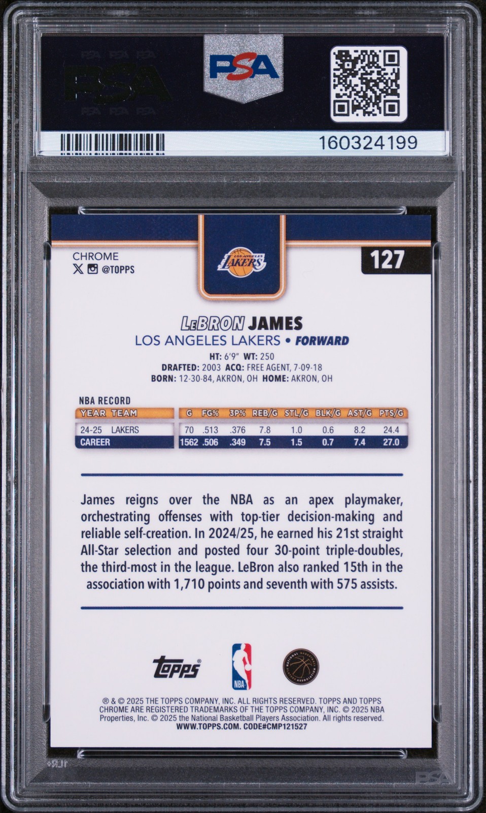 2025 TOPPS CHROME BLUE X-FRACTOR #127 LEBRON JAMES PSA 10 view 2