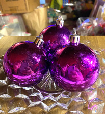 3 Smooth Shiny Purple Plastic Round Christmas Ornaments 2 1/4"