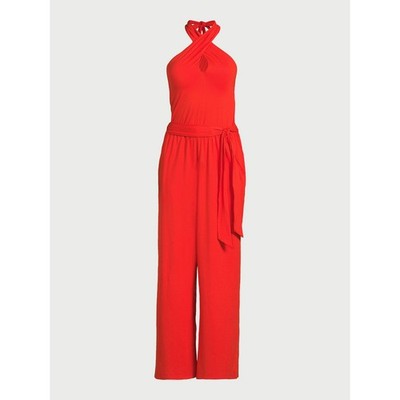Sofia Jeans Womens Jumpsuit Size S Red Halter Cross Neck Pockets Self Tie Waist
