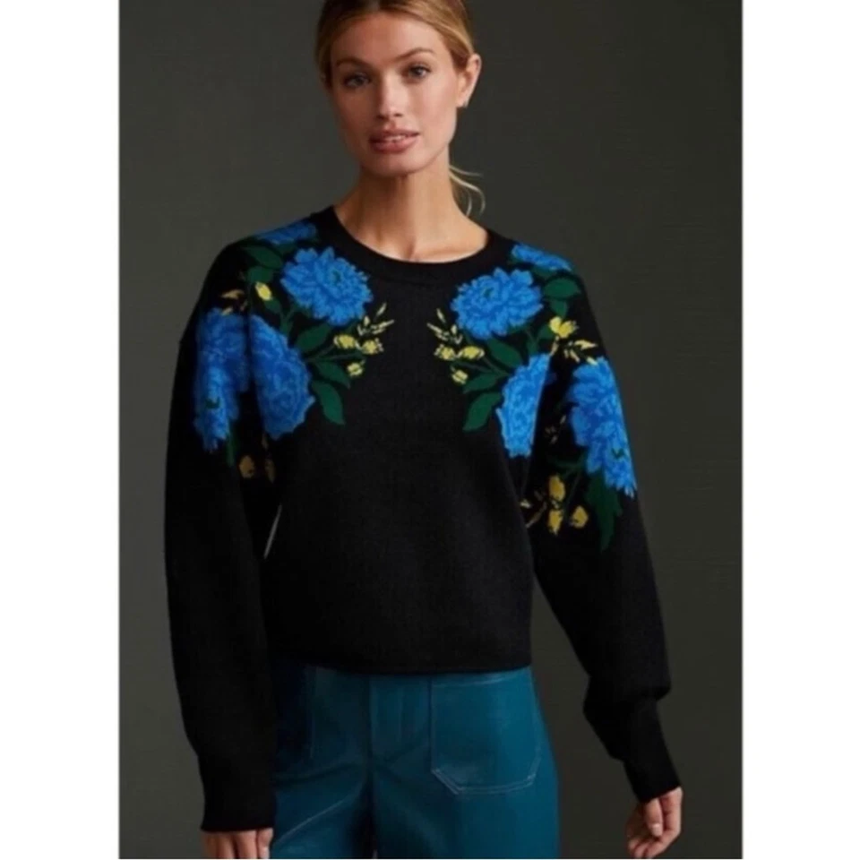Suéter Anthropologie Maeve Floral Camryn Cuello Redondo Talla XS Cuadrado Negro Delicado Foto 3 de 4