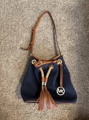 Michael Kors Medium Bucket Drawstring Bag Navy/Brown Tassel, Detachable Strap
