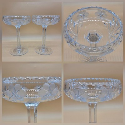 Vtg Set of 2 Cut Crystal Glass Candy Desert Dish Etched Floral Dimple Edges READ