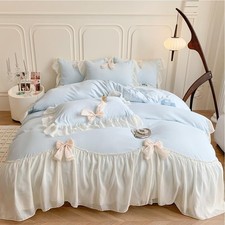 Ruffled Bedding Bow Duvet Cover Set with Butterfly Tie, Princess Queen Blue
