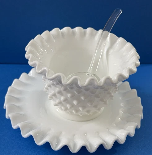 Vintage Fenton Hobnail White Milk Glass Mayo Bowl, Underplate & Spoon Set