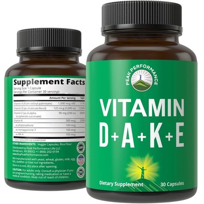 Peak Performance Vitamins D 5,000 iu + A + K + E All in 30 Count (Pack of 1) 