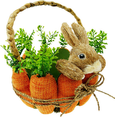 11'' H*8'' Dia Easter Straw Bunny Basket with Carrot Ornaments Easter Egg Hunting
