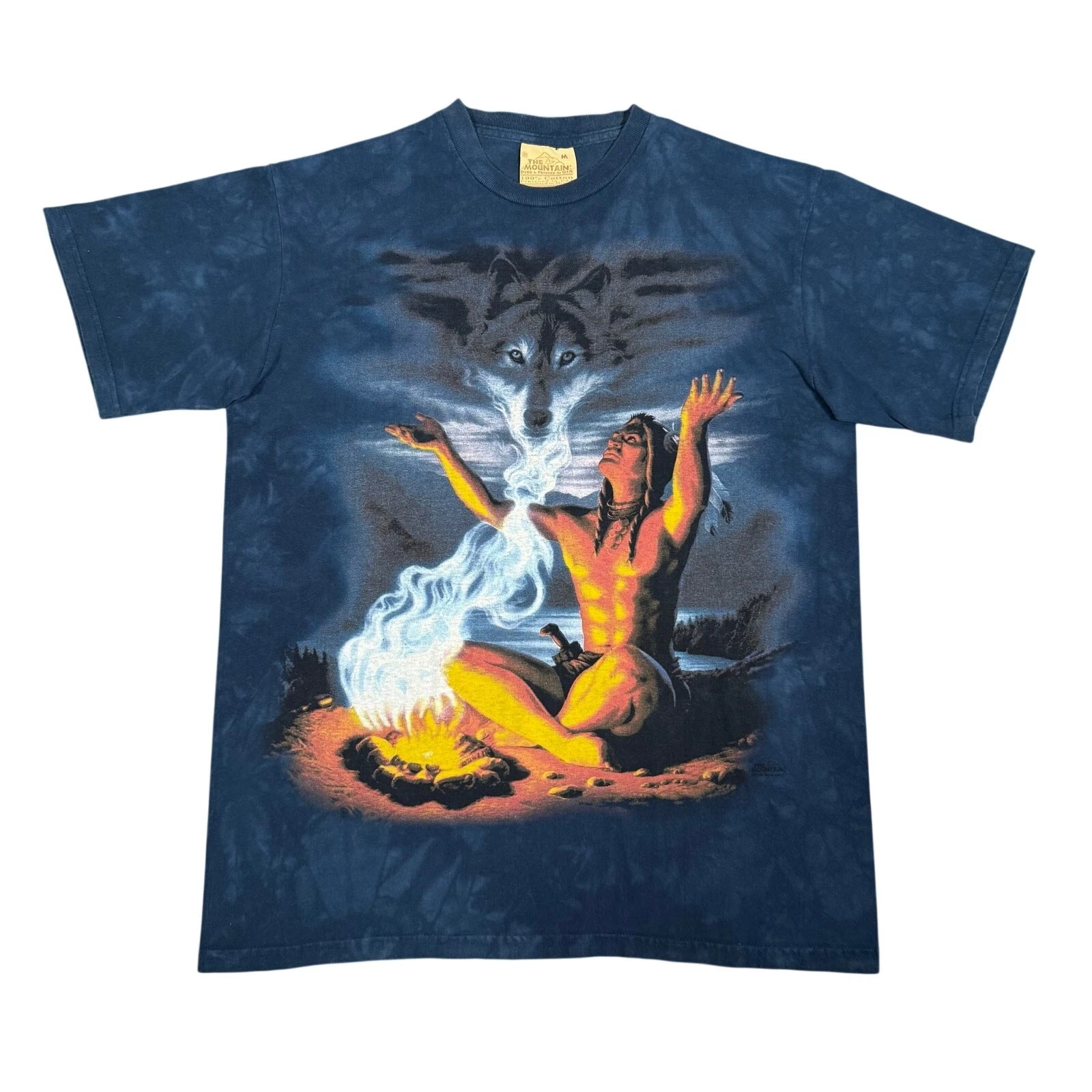 Vintage The Mountain Wolf Spirit Tie Dye Shirt Blue Native American Campfire M