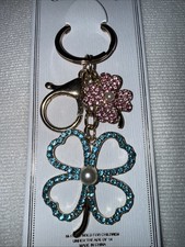 Four-Leaf Clover Bag Charm Keychain Turquoise Pink Rhinestones Faux Pearl