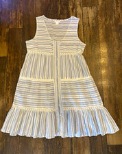 Shabby Chic Light Blue White Striped Tiered Midi Dress Sz L Eyelet Lace Buttons⁠