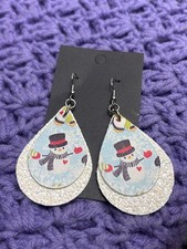 Layered Teardrop Dangle Earrings Colorful Snowman White Sequins 2.25 inches