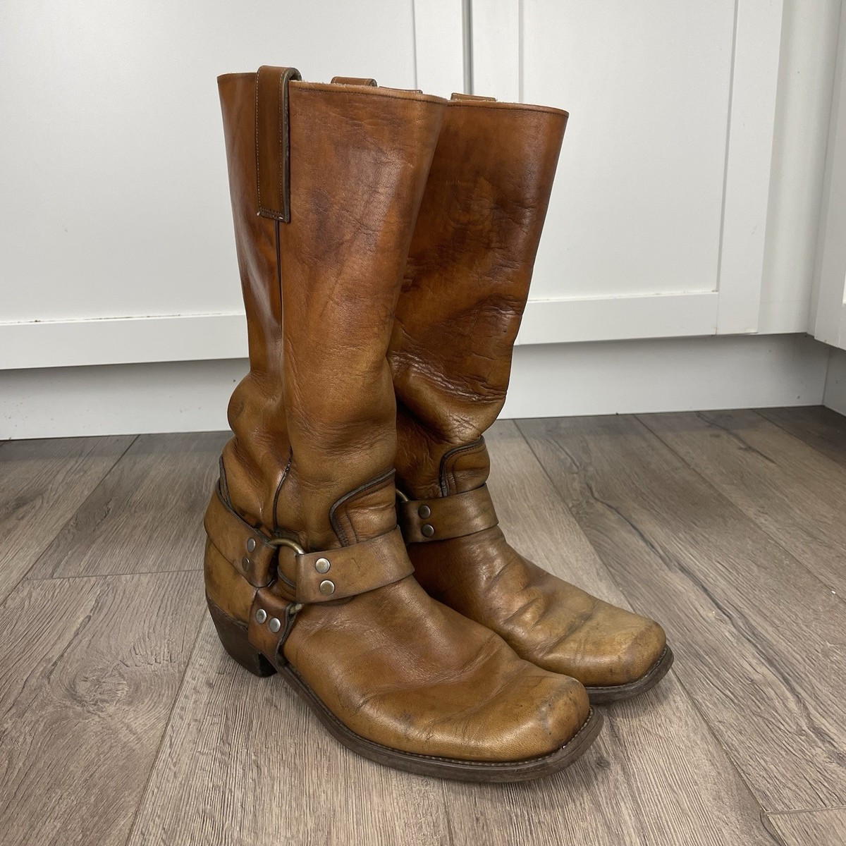 【FRYE】ウエスタンブーツ/レザー/ブラウン/7.5B FRYE Brown Leather Harness Boots Engineer Square Toe USA Western