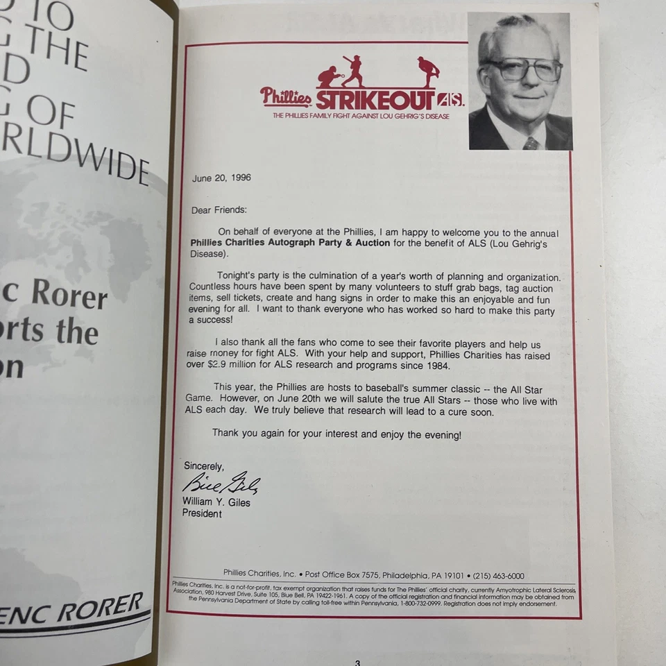 Philadelphia Phillies Autographed Charity Auction Book Lou Gehrig's 1996 - Image 3 of 4