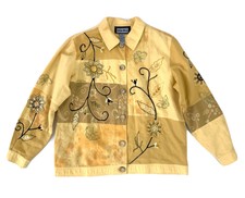 Indigo Moon Yellow Applique Embroidered Patchwork Flax Cotton Jacket, Size Large