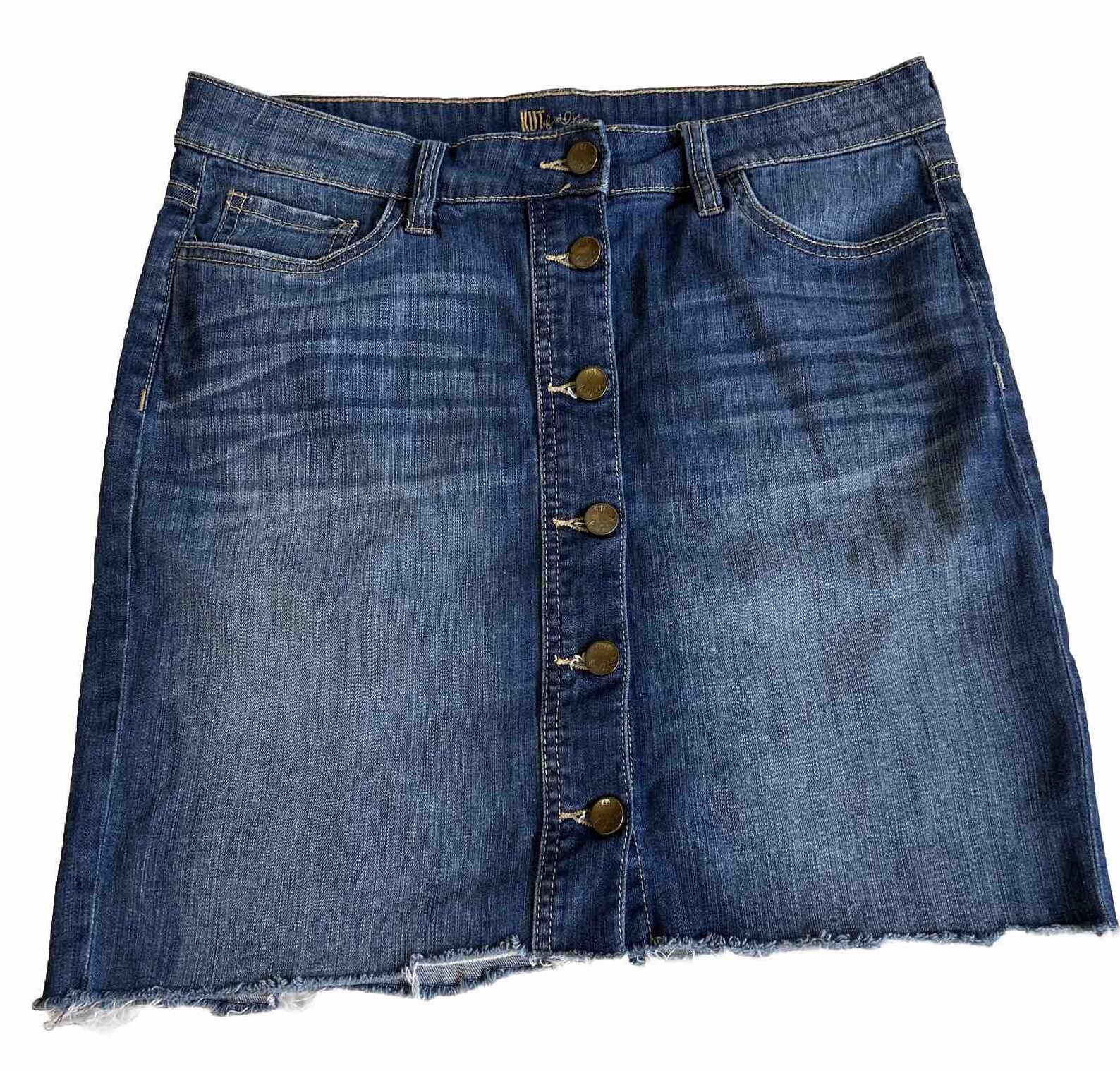 KUT FROM THE KLOTH Jean Skirt Sz. 8 Denim Button Front Stretch Straight Raw Hem