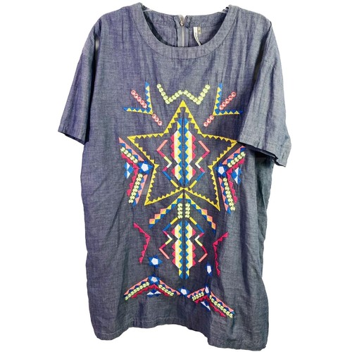 MittoShop Tunic Top Size Lg Embroidered Aztec Tribal  Gray Boho Short Sleeve