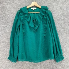 Loft Blouse Women M Medium Green Polka Dot V-Neck Long Sleeve Lined Pullover