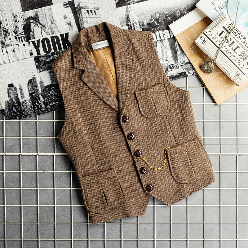 British Retro V-neck Herringbone Pattern Slim Vest Men's Thick Tweed Waist Coat