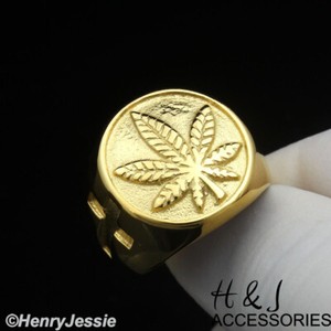 Authentic MEN Stainless Steel Marijuana Leaf Cross 3D Gold Plated Round Ring*AGR150