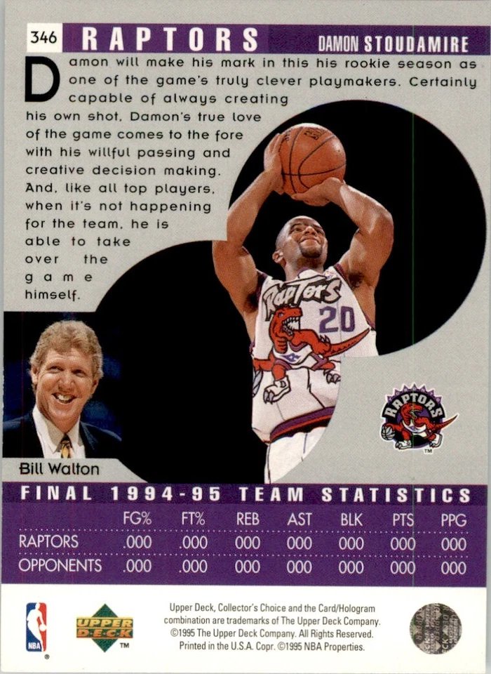 1995-96 Collector's Choice Damon Stoudamire Toronto Raptors #346 - Image 2 of 2