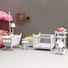 5x Set mobili casa delle bambole asilo carrozzina cavallo a dondolo culla 1:12 sedia