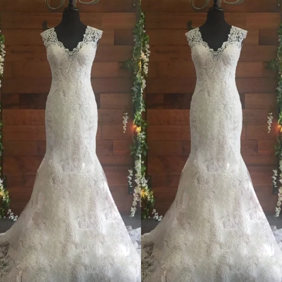 Boho Sirena Vestidos de Novia Cuello en V Encaje Espalda Barrido Tren Playa Vestido de Novia Foto 2 de 4