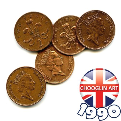 Set of (x5) BRITISH 1990 ELIZABETH II TWO PENCE 2p coins, 34 Years Old! - Afbeelding 1 van 1