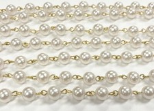 3 Feet Vintage Japanese White Pearl 8mm. Beaded Brass Rosary Link Chain 572
