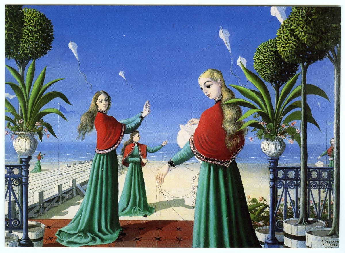 Fine Art Postcard Paul Delvaux Painting Ladies at Beach With Kites