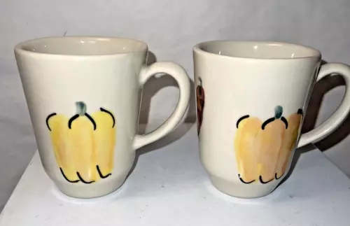 (2) Vintage Hartstone Pottery Farmers Market Tall Coffee Mugs hard to find nice!