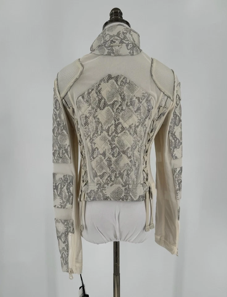 Blanc Noir Ivory Snake Print Leather Quilted Mesh Moto Jacket Sz M NEW - Image 4 of 4