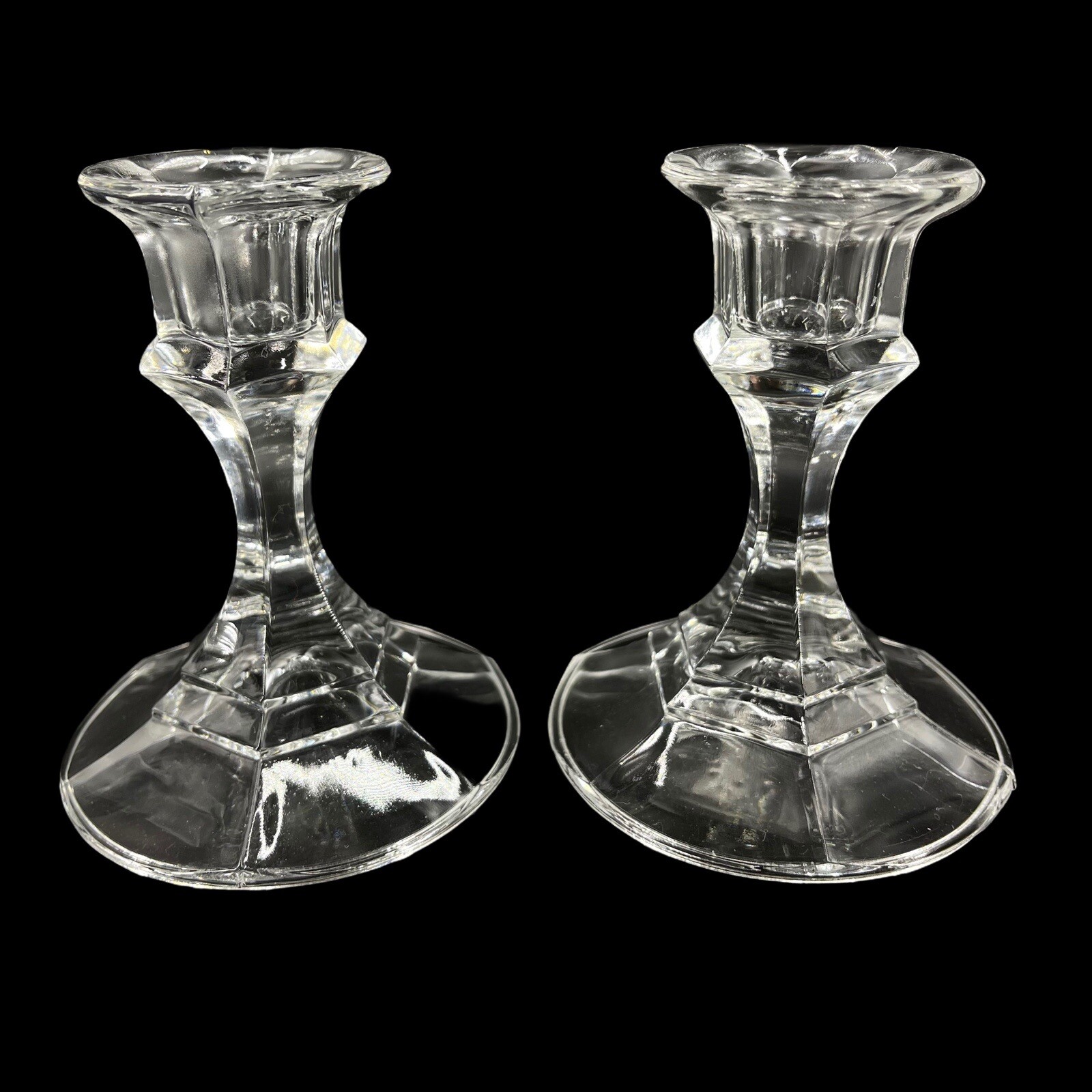 Vintage Clear Glass Taper Candle Holders 4 Inch Tablescape Pair