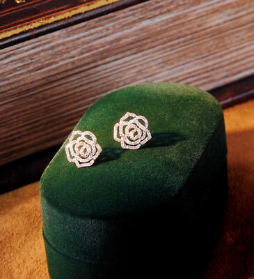 18K Solid Gold Natural Diamond Dainty Camellia Flower earrings Studs for Women