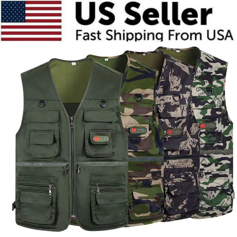 Mens Cargo Multi Pocket Utility Vest Fishing Hiking Camping Gilet Waistcoat Tops
